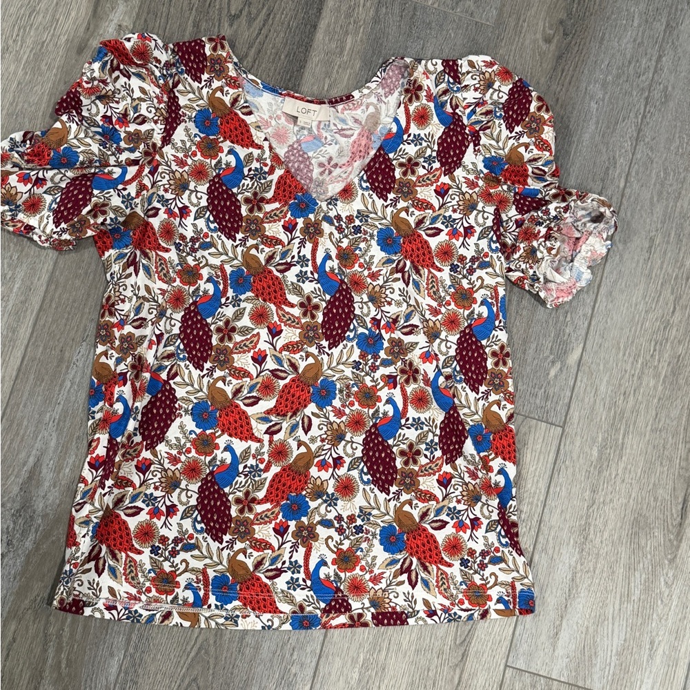 LOFT Women's Floral V-Neck Blouse - Red, Blue, Brown